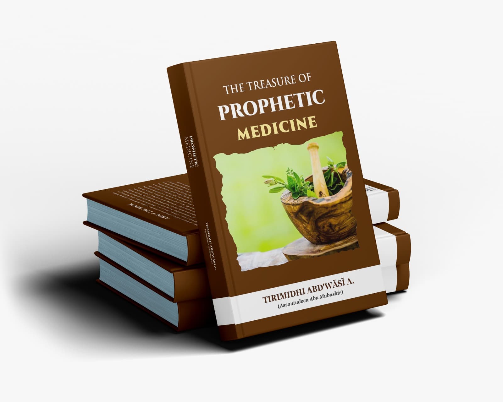 The cover of Treasure of the Prophetic Medicine: a mortar and pestle with fresh herbs